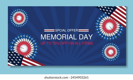 Flat horizontal sale banner template for USA memorial day celebration