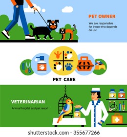 Flat horizontal Veterinary banners with owner of pet dog for walk pet care tools and veterinarian treating parrot vector illustration   