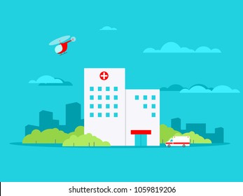 Flat Hospital building with ambulance and helicopter. Vector illustration