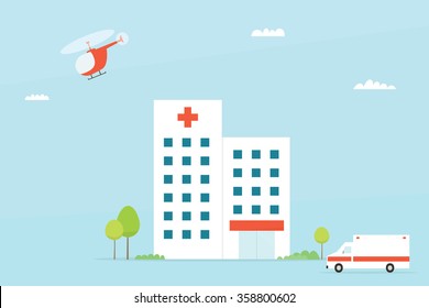 Flat Hospital Building With Ambulance And Helicopter. Clipart Image