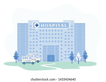 Flat Hospital Building Facade with Ambulances Cartoon. Clinic for Patients with Diseases and Injuries Medical Diagnostics and Treatment. Urgency and Emergency Services. Vector Illustration
