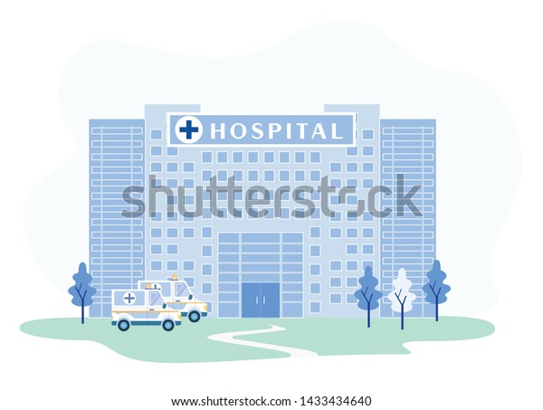 Flat Hospital Building Facade with\
Ambulances Cartoon. Clinic for Patients with Diseases and Injuries\
Medical Diagnostics and Treatment. Urgency and Emergency Services.\
Vector Illustration