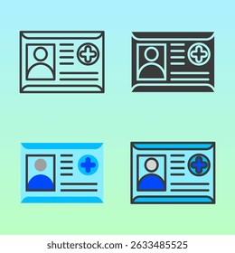 Flat hospital ID card icons in blue and black. Represents staff identification and access cards. Best for admin signage, security systems, or employee manuals.