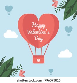 Flat hot air balloon red pink heart with blue background and some leaf valentine day greeting card for shop company business couple 