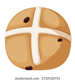 Bollo cruzado caliente plano con cruz glaseada y pasas. Ilustración de pan dulce de temporada de Pascua en un ligero ángulo de arriba hacia abajo para la marca de panadería