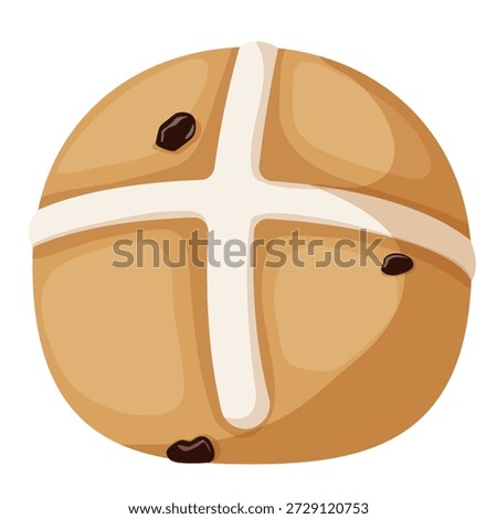 Flat Hot Cross Bun with icing cross and raisins. Easter seasonal sweet bread illustration in a slight top-down angle for bakery branding