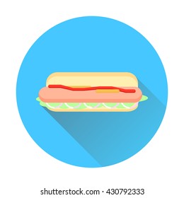 Flat hot dog with bun and with a long shadow. Icon hot dog. Vector illustration