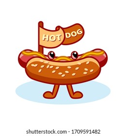 Flache, scharfe Hundegrafik einzeln auf weißem Hintergrund. Rutschensandwich mit Ketschup und Senf. Fast Food hot Hund Icon für Poster, Banner, Menü, Broschüre, Web
