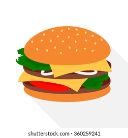 Flat hot hamburger illustration with a long shadow. vector