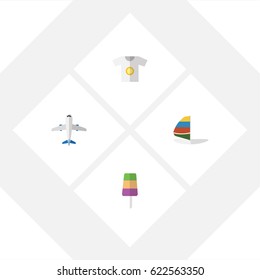 Flat Hot Set Of Aircraft, Surfing, Clothes And Other Vector Objects. Also Includes Sailboard, Surfing, Ice Elements.