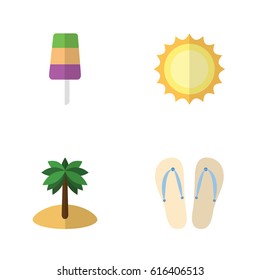 Flat Hot Set Of Beach Sandals , Sunshine, Coconut Vector Objects. Also Includes Cream, Sun, Sandals Elements.
