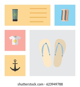 Flat Hot Set Of Beach Sandals , Wiper, Clothes Vector Objects. Also Includes Ship, Anchor Elements.