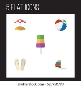 Flat Hot Set Of Surfing, Sundae, Parasol And Other Vector Objects. Also Includes Sundae, Sphere, Sailboard Elements.