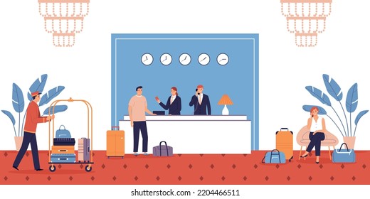 Flat hotel reception interior with receptionists porter and guests vector illustration