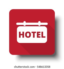 Flat Hotel Sign web icon on red button with drop shadow