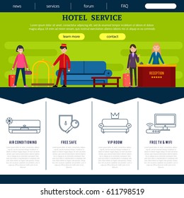 Flat hotel web page template with customers staff and list of top quality services vector illustration