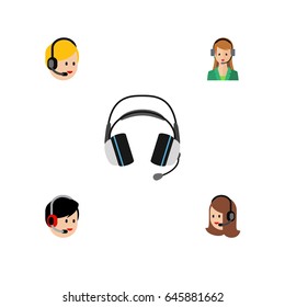 Flat Hotline Set Of Call Center, Earphone, Operator And Other Vector Objects. Also Includes Call, Operator, Help Elements.