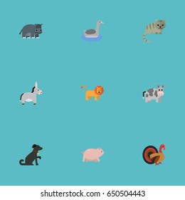 Flat Hound, King, Waterbird And Other Vector Elements. Set Of Mammal Flat Symbols Also Includes King, Hippo, Cock Objects.