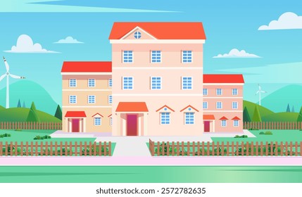 Flat House Background Vector, House, wooden fencing, estate, green garden, landscape,  background illustration