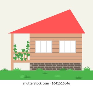 Flat house exterior front view with roof. Countryside house. Home facade with terrace and windows. Vector illustration. 