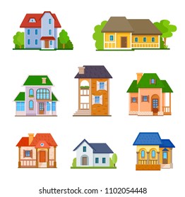 Flat house front icon set, vector illustration. Different types of cottages, residential and guest houses