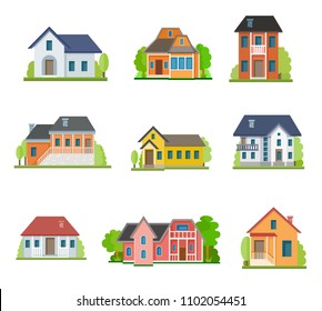 Flat House Front Icon Set, Vector Illustration. Different Types Of Cottages, Residential And Guest Houses