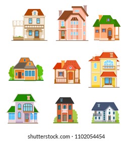 Flat house front icon set, vector illustration. Different types of cottages, residential and guest houses