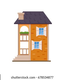 Flat house front icon, vector illustration. Cottage with dark grey roof