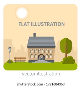 Flat house green landscape with tree, bench and streetlight. Sunny day. Summer. Flat vector illustration.