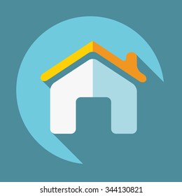 Flat House Icon with Shadows on a Blue Circular Button.