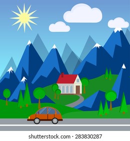 flat house in the mountains, car on the road. Vector version 
