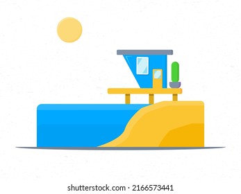 Flat house on the beach isolated on white background. Premium architectural vector illustration. Suitable for landing pages, backgrounds, posters and design resources.