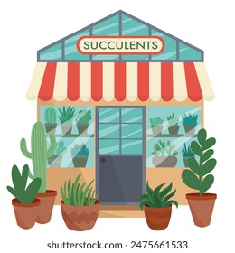 Flat house plant shop. Vector succulent plants market flat illustration