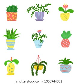 Flat house plants in a cartoon style. Set of flowers in pots. Interior. Vector illustration.