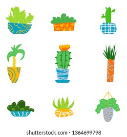 Flat house plants in a cartoon style. Set of flowers in pots. Interior. Vector illustration.