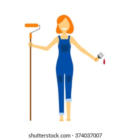Flat house remodel. Vector illustration. Young girl making repairs in the house.