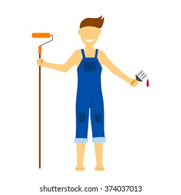 Flat house remodel. Vector illustration. Young man making repairs in the house.