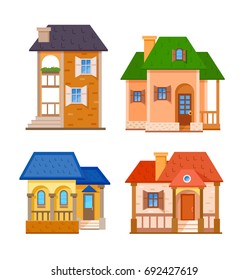 Flat house residential front icon set, vector illustration