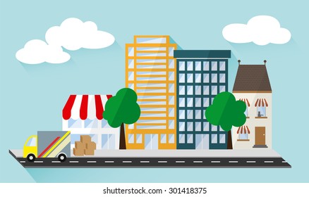 Flat house, shop and buildings, sidewalk and street with a delivery truck and boxes on blue background with clouds in the sky. Vector and illustration design.