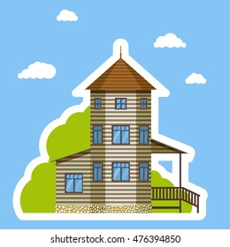 Flat house sticker style on blue background. Isolated on white