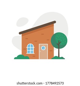 flat house vector design and trees beside it