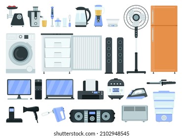 Flat household electric appliances, technology shop icons. Fridge, cooker, iron, washing machine, television, mixer and blender vector set. Illustration of technology household electric