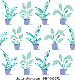 Flat Houseplants in Ceramic Pots Seamless Pattern. Cartoon Repeated Natural Design Wallpaper. Different Potted Home Flowers. Greenhouse, House Garden Texture. Vector Endless Eco Friendly Illustration