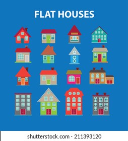 flat houses, buildings black isolated icons, signs, silhouettes, illustrations set, vector