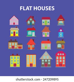 flat houses, buildings, city, village icons, signs, illustrations set, vector