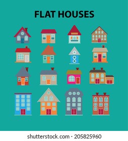 flat houses, buildings icons, signs, symbols set, vector