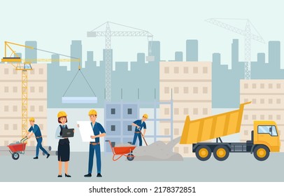 Flat Houses Construction Site. People In Uniform And Helmets Working And Building Block Of Flats. Manager And Architect Discussing Project On Paper. Heavy Machinery With Materials Vector