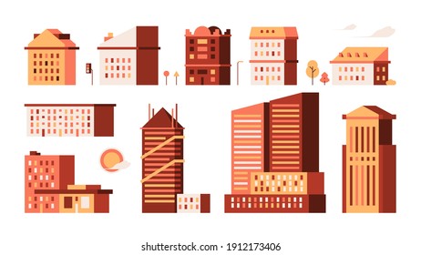 Flat houses. Simple urban buildings minimalism style garish vector illustrations town houses home constructions