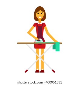 Flat housewife ironing on ironing board. Ironing woman. Iron, ironing board, clothes - stock vector.