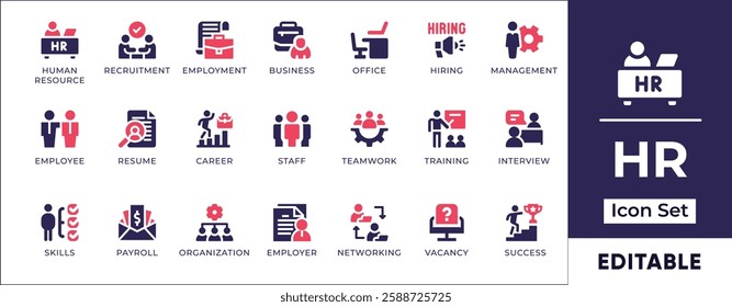 Flat HR and business management icon set featuring recruitment, hiring, employee management, corporate office, teamwork, leadership, and professional development.